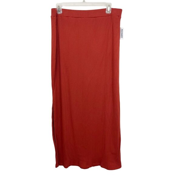 NEW Old Navy Orange Ribbed Pull On Midi Skirt Slit Hem - Size Large - Picture 1 of 8